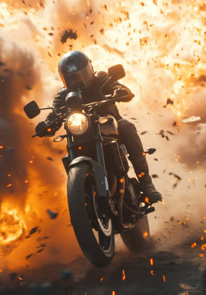 Motorcycle chase, epic scene from action movie, hero on motorbike escapes from the police, explosion on background