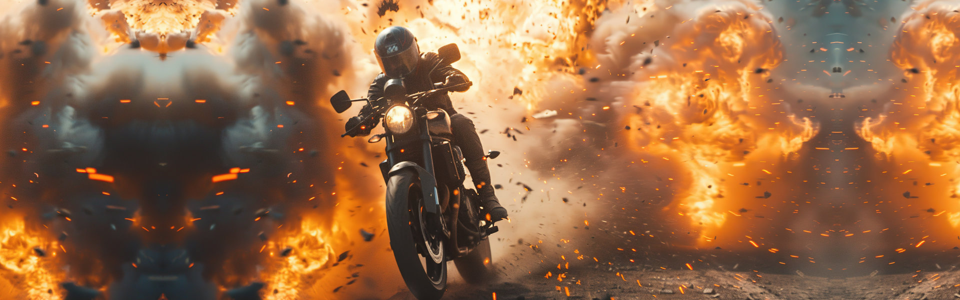 Motorcycle chase, epic scene from action movie, hero on motorbike escapes from the police, explosion on background